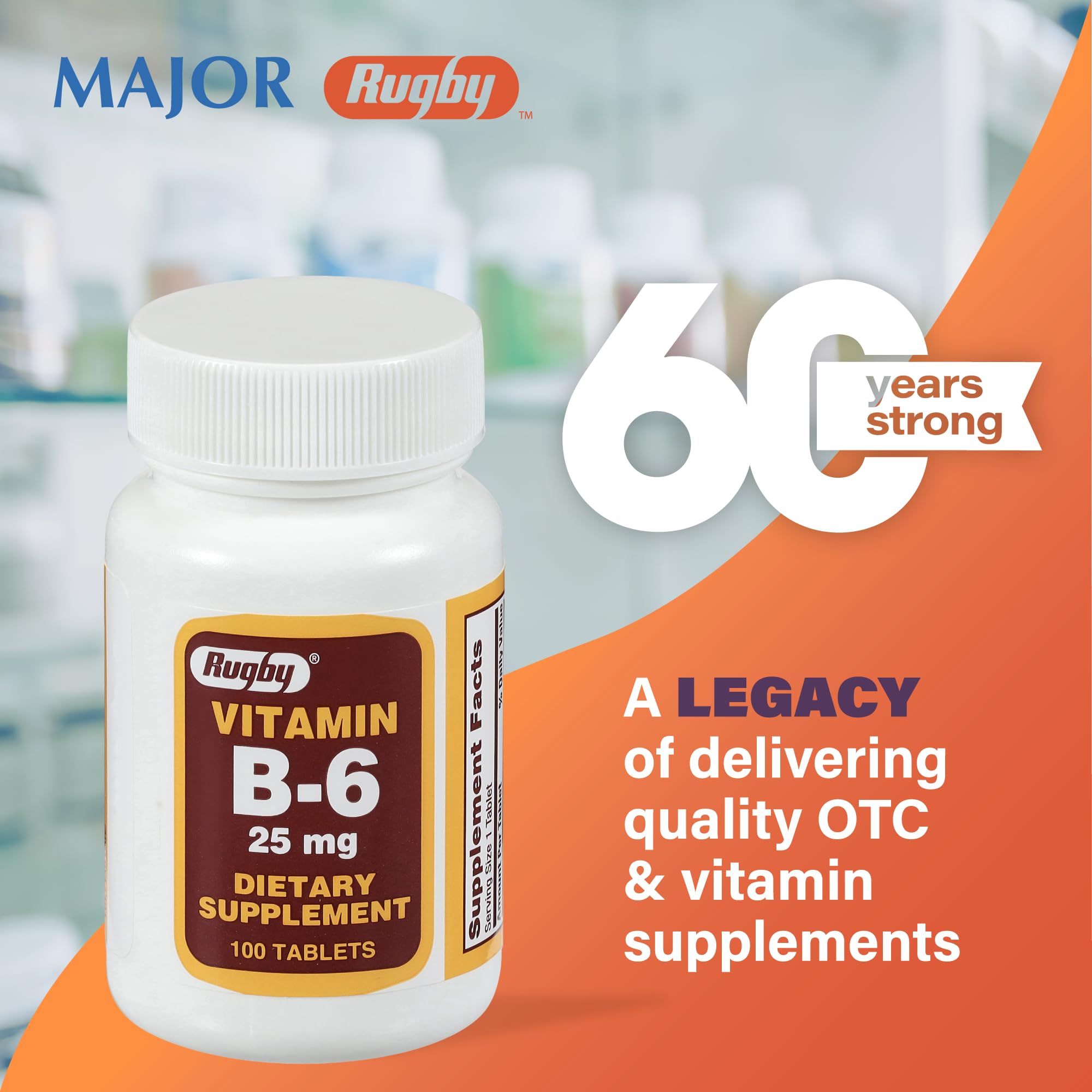 Close-up of Rugby Vitamin B6 bottle on countertop