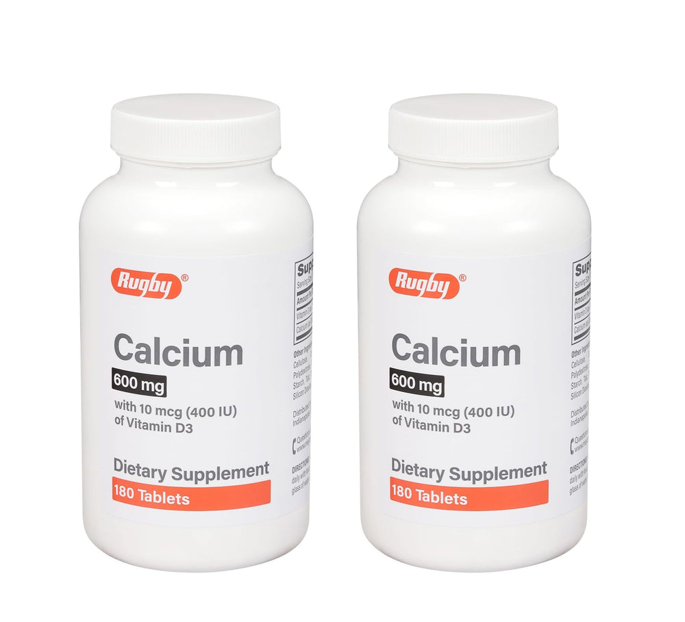 Rugby Calcium Tablets bottle showing 600 mg calcium and 10 mcg (400 IU) Vitamin D3