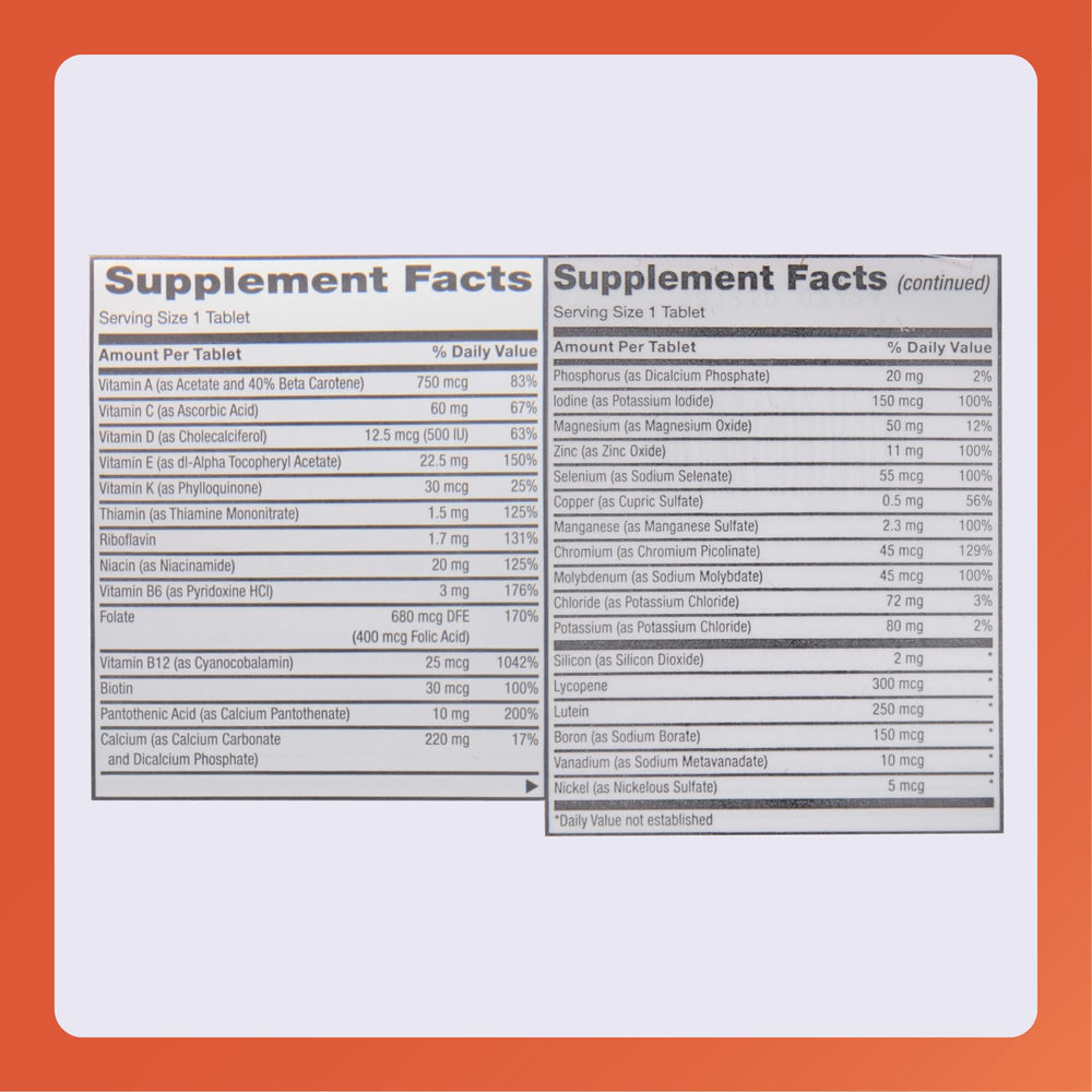 Nutrition facts label for Rugby CertaVite Senior