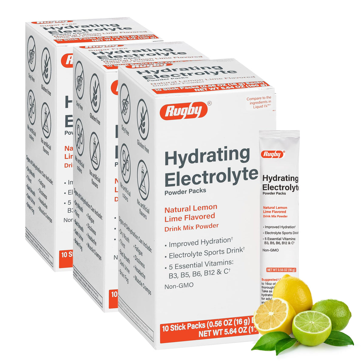 Rugby Hydrating Electrolyte Powder Lemon-Lime flavor, 3-pack with 10 sticks each