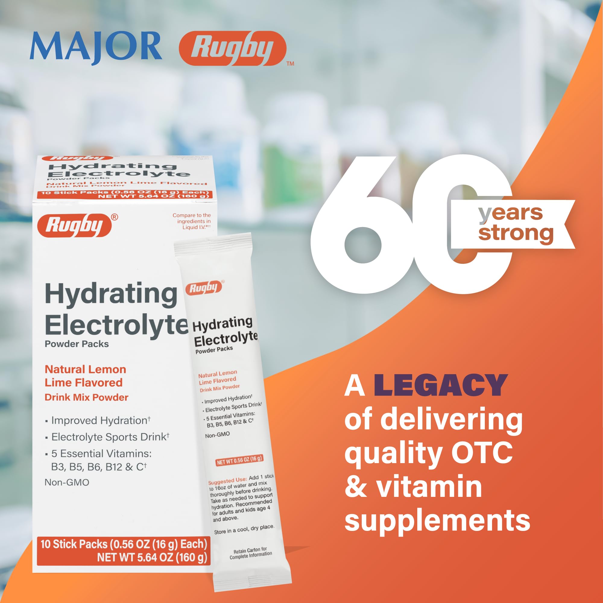 Back/Ingredients label on Rugby Hydrating Electrolyte Powder Lemon-Lime packets