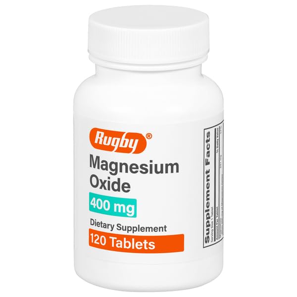 Front view of Rugby Magnesium Oxide 400 mg tablets bottle, 120 count