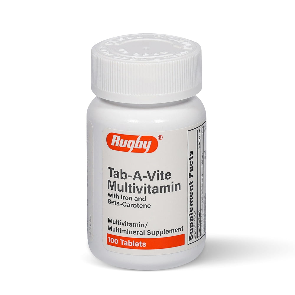 Front view of Rugby Tab-A-Vite multivitamin bottle with label