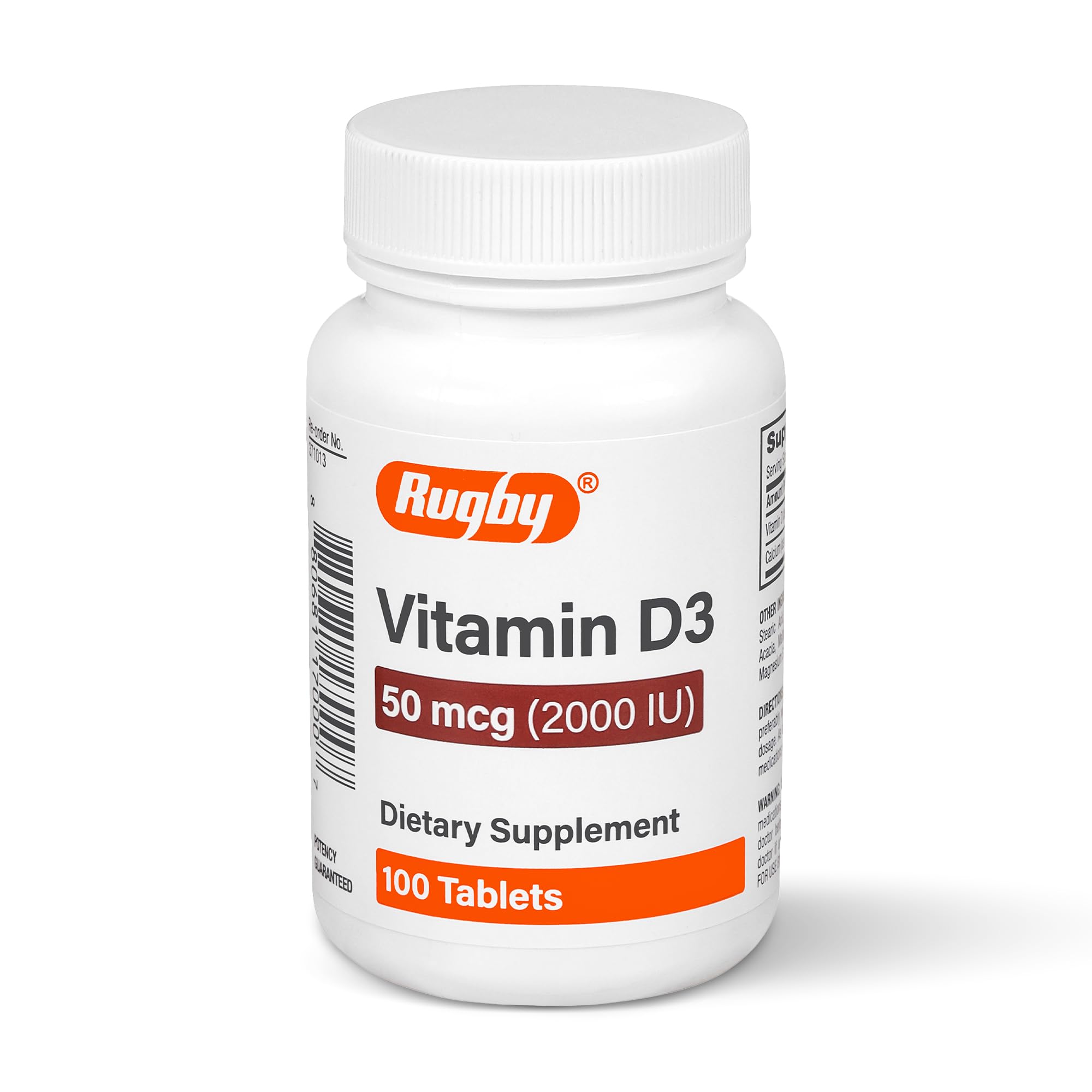 Bottle of Rugby Vitamin D3 2000 IU on white background with label