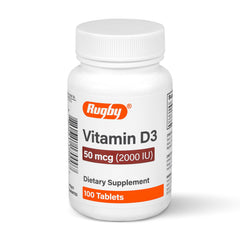 Bottle of Rugby Vitamin D3 2000 IU on white background with label