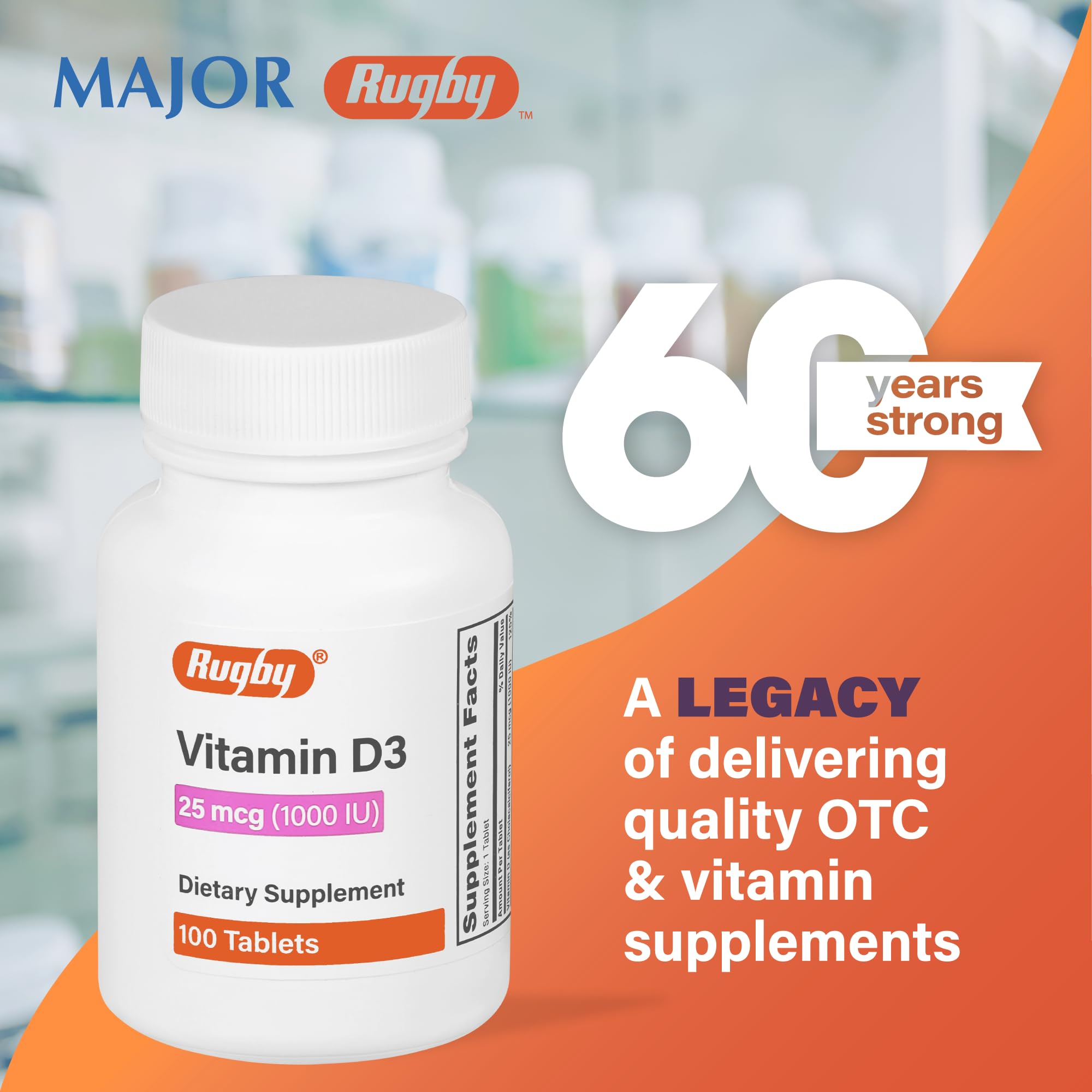 Packaging image: box and bottle of Rugby Vitamin D3 100 tablets