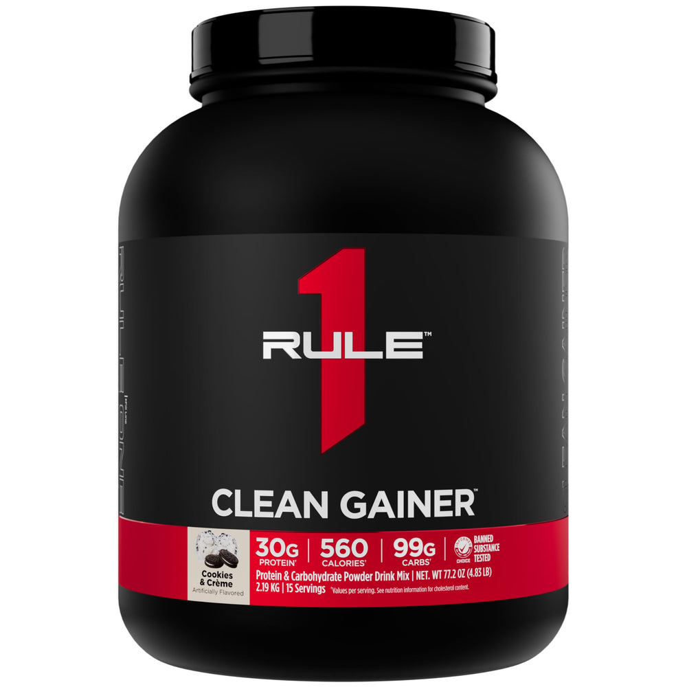 Rule 1 Proteins Clean Gainer bottle shot highlighting a high-calorie lean gain option for athletes