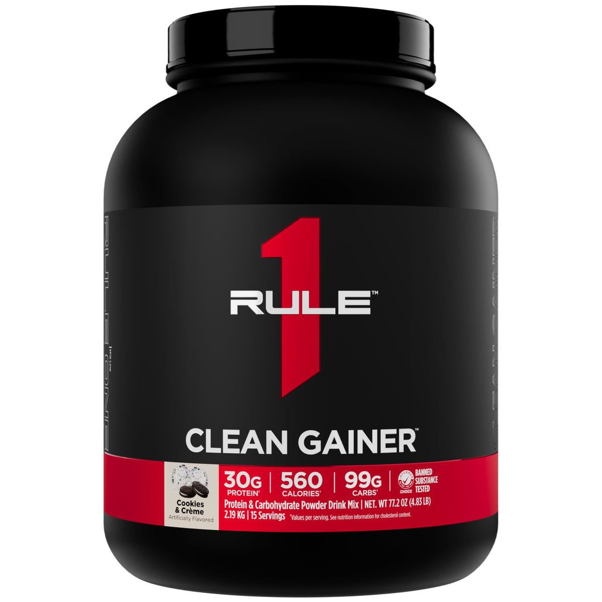 Rule 1 Proteins Clean Gainer bottle shot highlighting a high-calorie lean gain option for athletes