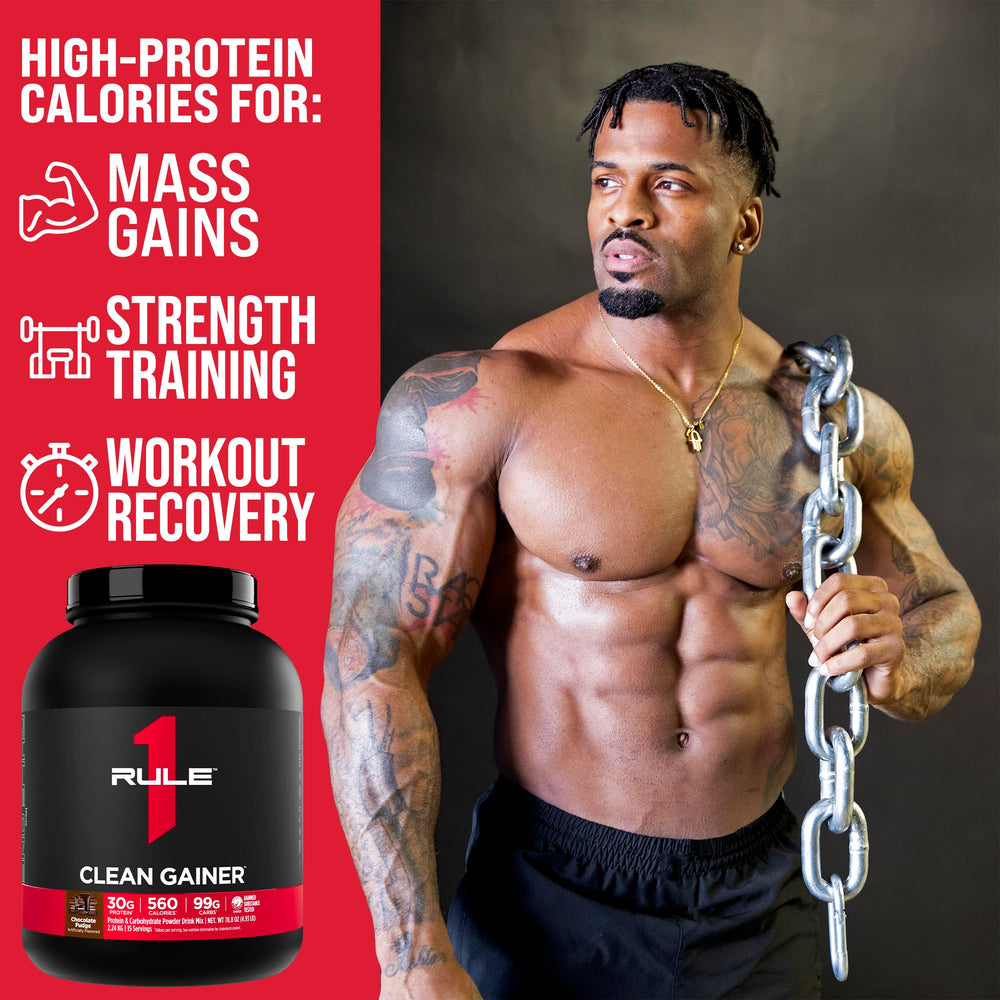 Rule 1 Clean Gainer nutrition label emphasizing 90g carbs and 560 calories