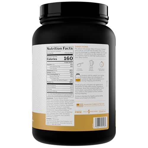 Rule 1 Source 7 protein scoop next to shake for creamy, dessert-like texture