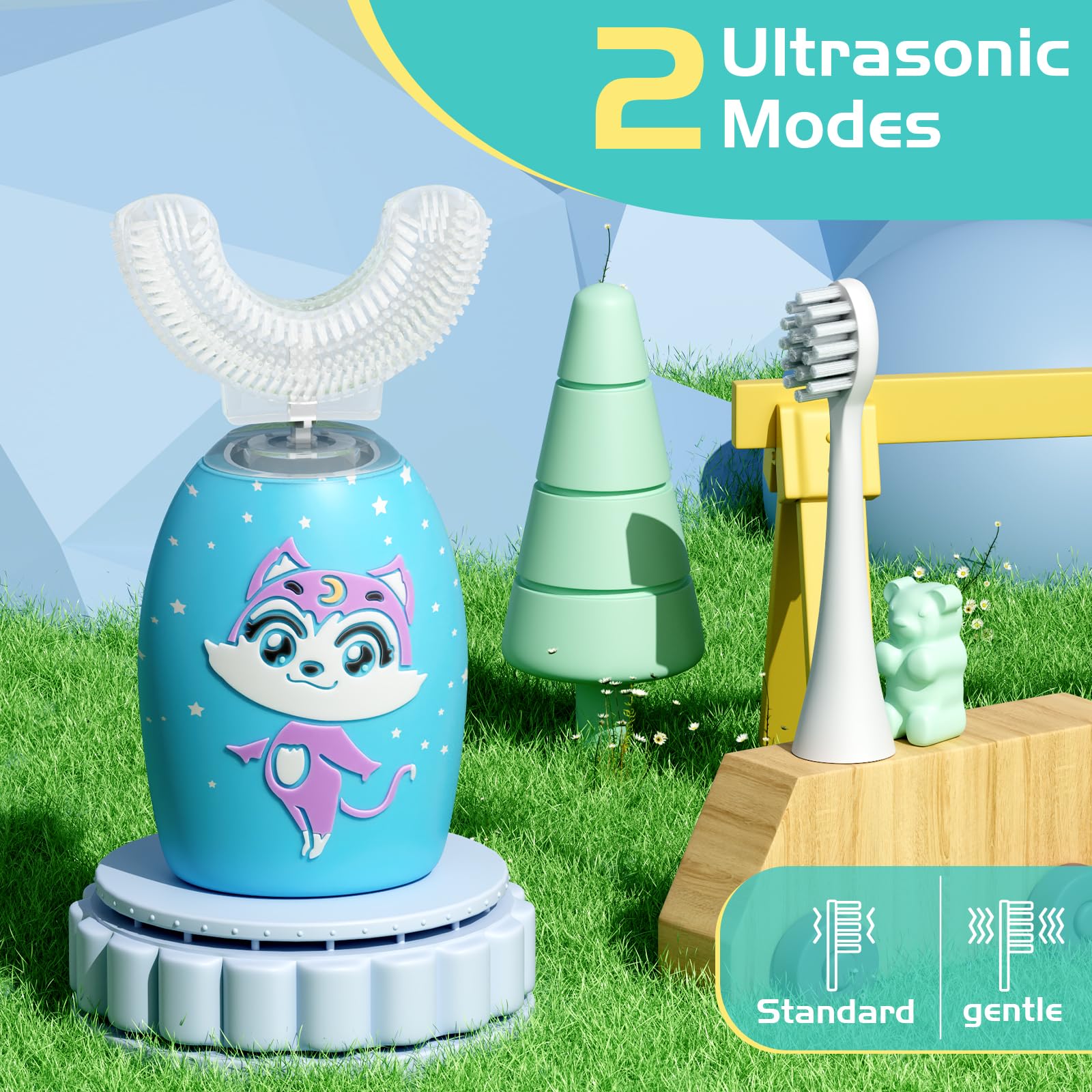 Rumengling Kids U Shaped Toothbrush with 360° head – rear angle