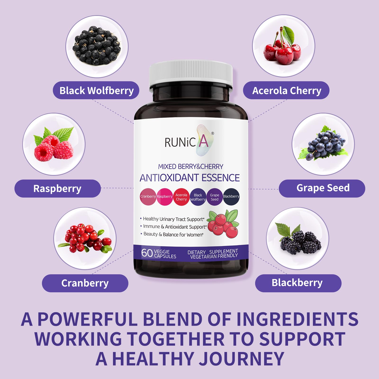 RUNICA ingredient flatlay with cranberries and cherries highlighting antioxidant synergy
