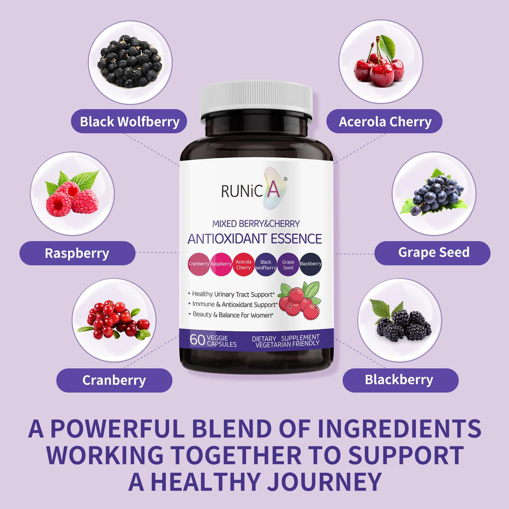 RUNICA ingredient flatlay with cranberries and cherries highlighting antioxidant synergy
