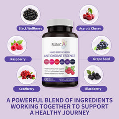 RUNICA ingredient flatlay with cranberries and cherries highlighting antioxidant synergy