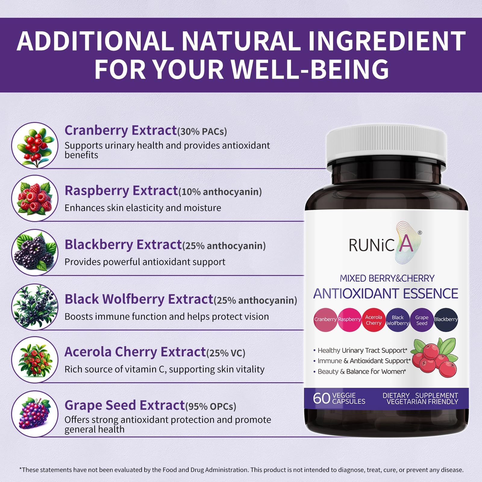 RUNICA ingredient spread with cranberries, cherries, elderberries showing natural sources