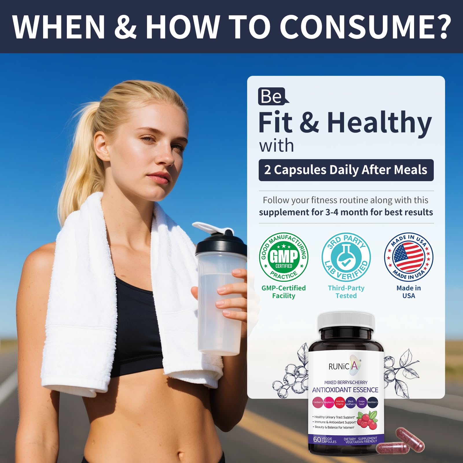 RUNICA capsule in hand demonstrating serving size and daily convenience