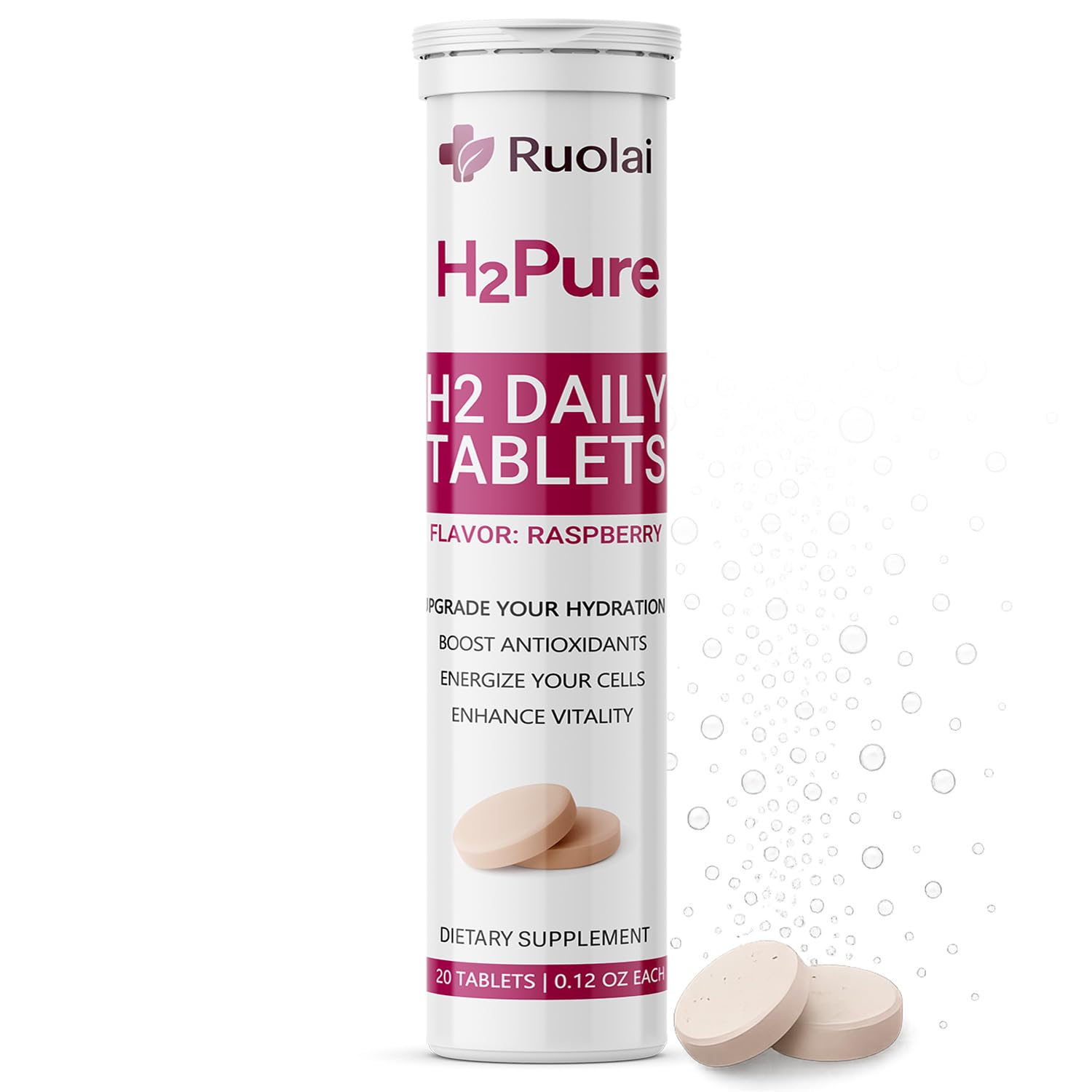 Front view of Ruolai H2pure Raspberry hydrogen tablets in the tube