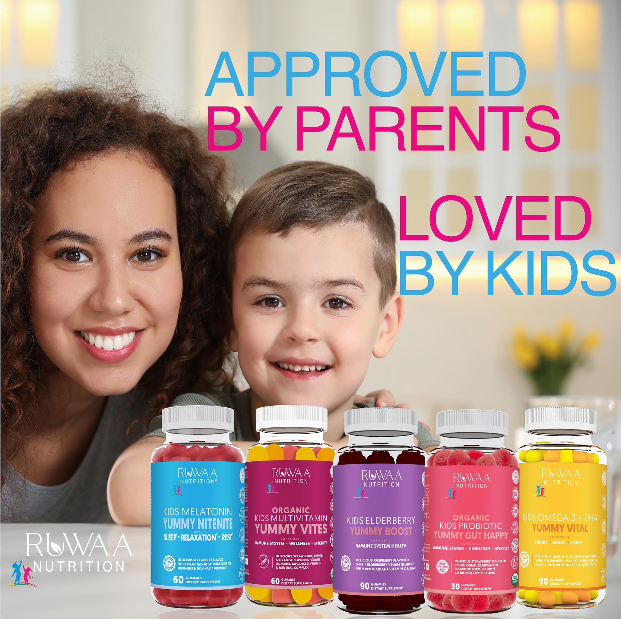 Nutrition facts label and ingredients of Ruwaa Nutrition Omega 3-6-9 kids gummies