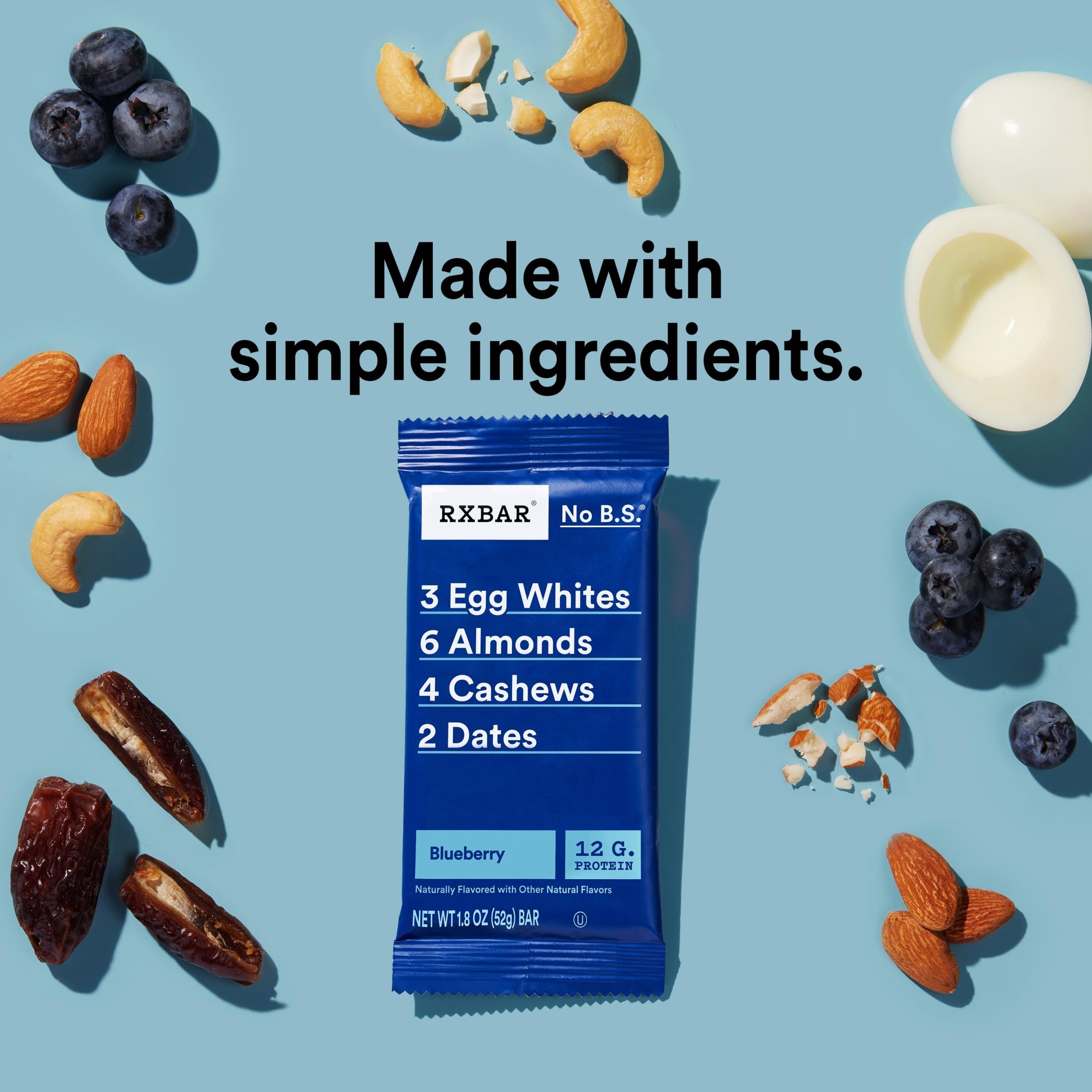 Close-up of RXBAR Blueberry ingredients: eggs, almonds, cashews