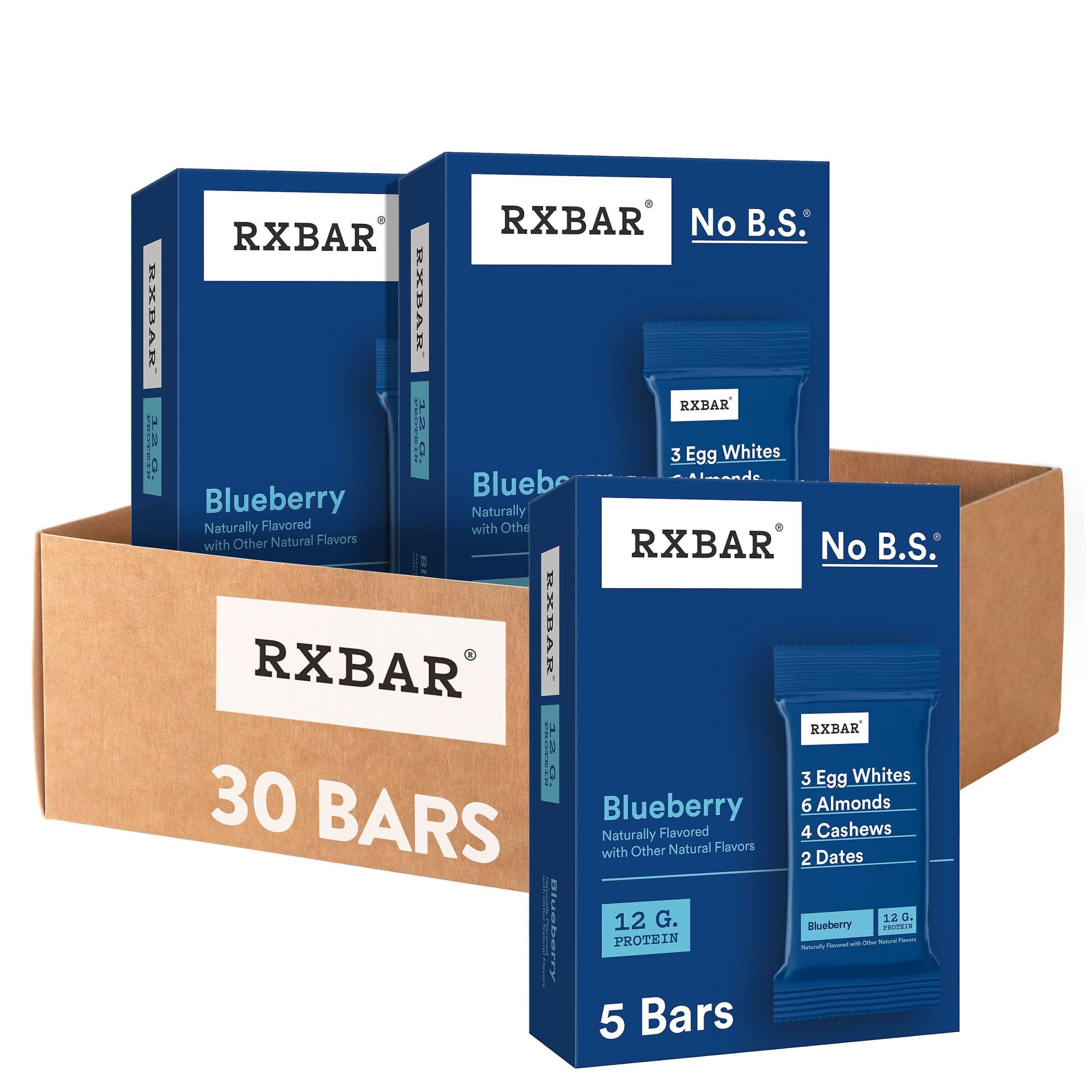 RXBAR Blueberry Protein Bars packaging showing 6 boxes and 30 bars total