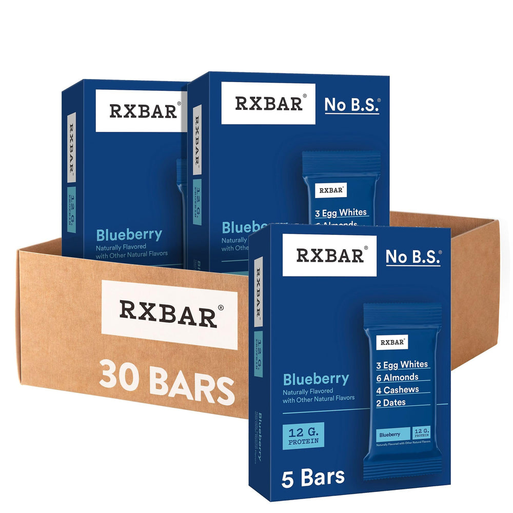 RXBAR Blueberry Protein Bars packaging showing 6 boxes and 30 bars total