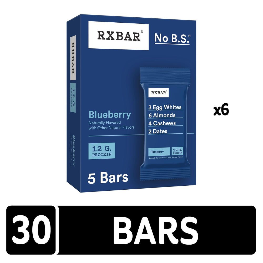 Ingredients layout for RXBAR Blueberry Protein Bars: blueberries, egg whites, dates, almonds and cashews