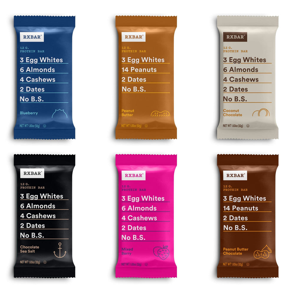 RXBAR variety-pack six flavors closeup shows wholesome ingredients for quick protein-rich snacking.