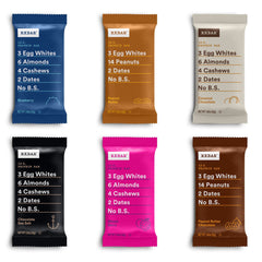 RXBAR variety-pack six flavors closeup shows wholesome ingredients for quick protein-rich snacking.
