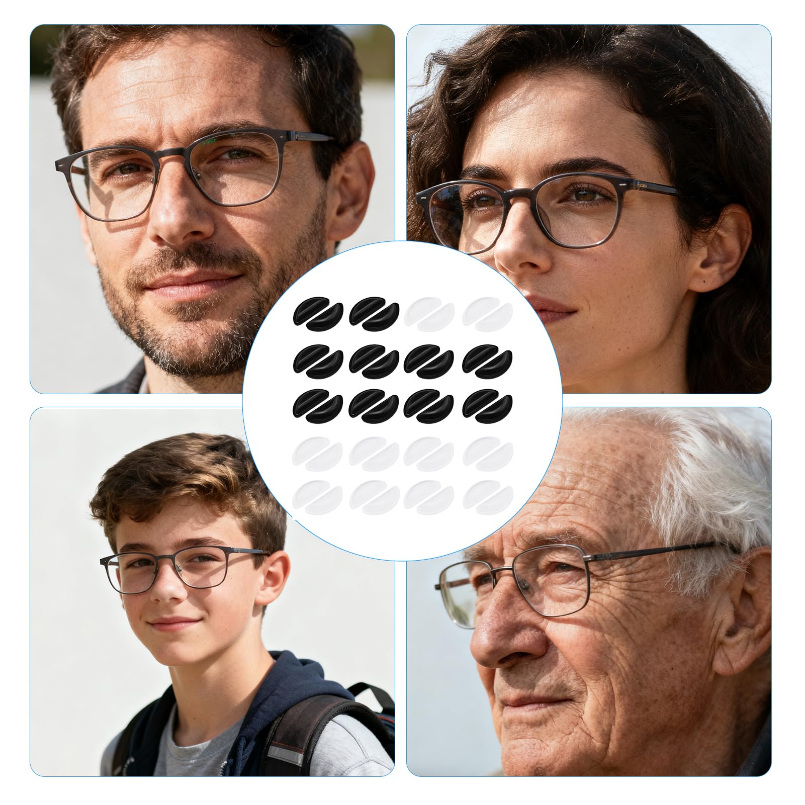 Nose pads mounted on eyeglasses showing non-slip design