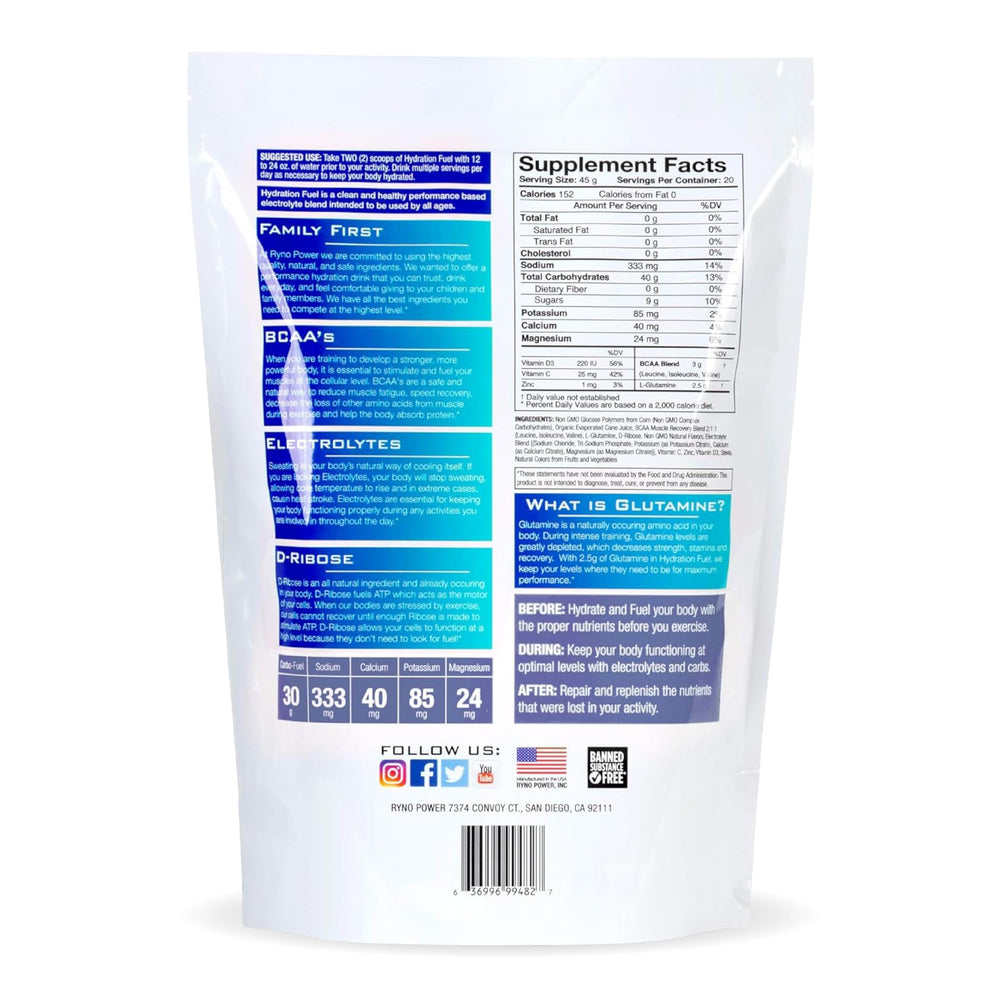 Ingredients panel for Ryno Power Hydration Fuel Fruit Punch