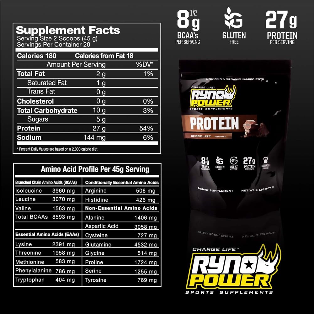 Side view of chocolate whey protein 2lb bag label detail