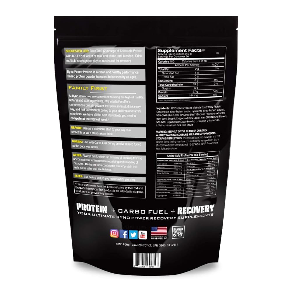 Nutrition facts panel for Ryno Power Chocolate whey protein