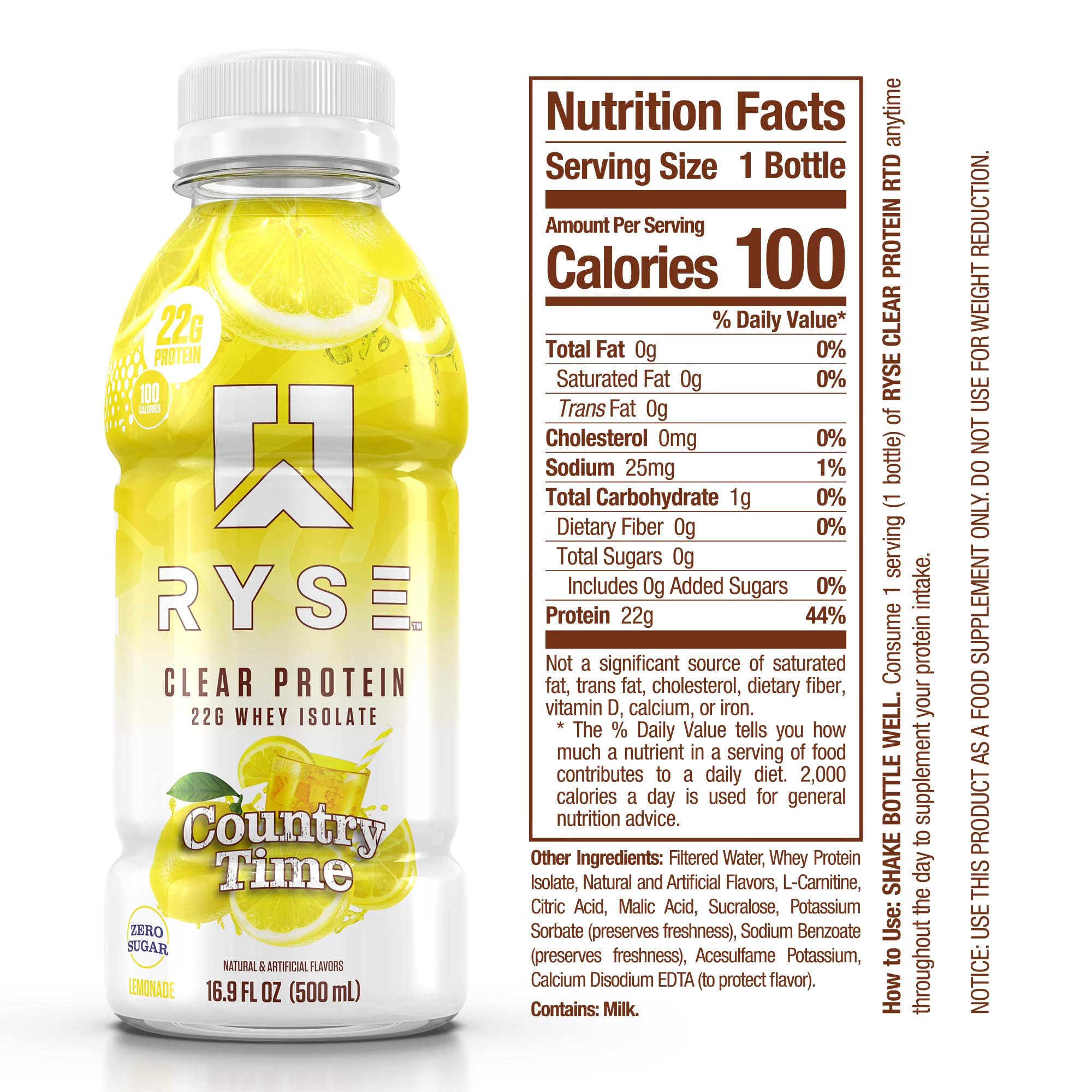 Close-up of Country Time Lemonade flavor badge on RYSE bottle