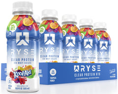 Front view of a single RYSE Clear Protein Drink Kool-Aid Tropical Punch 16.9 fl oz bottle