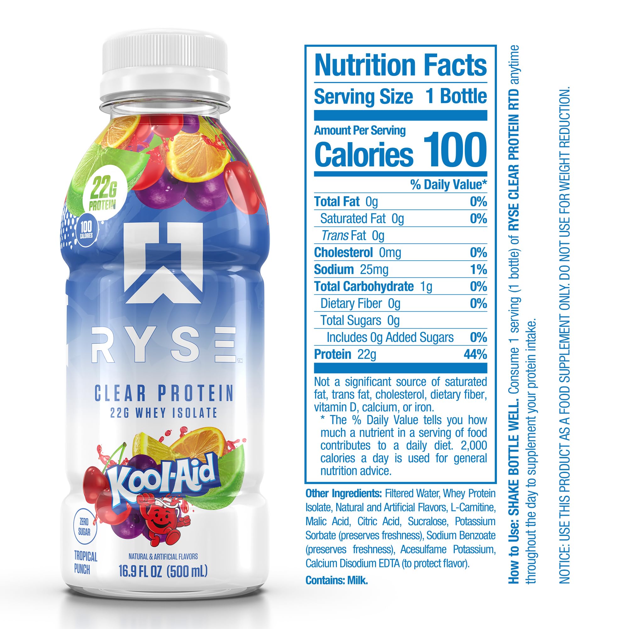 Back nutrition label of RYSE Clear Protein Drink Kool-Aid Tropical Punch bottle