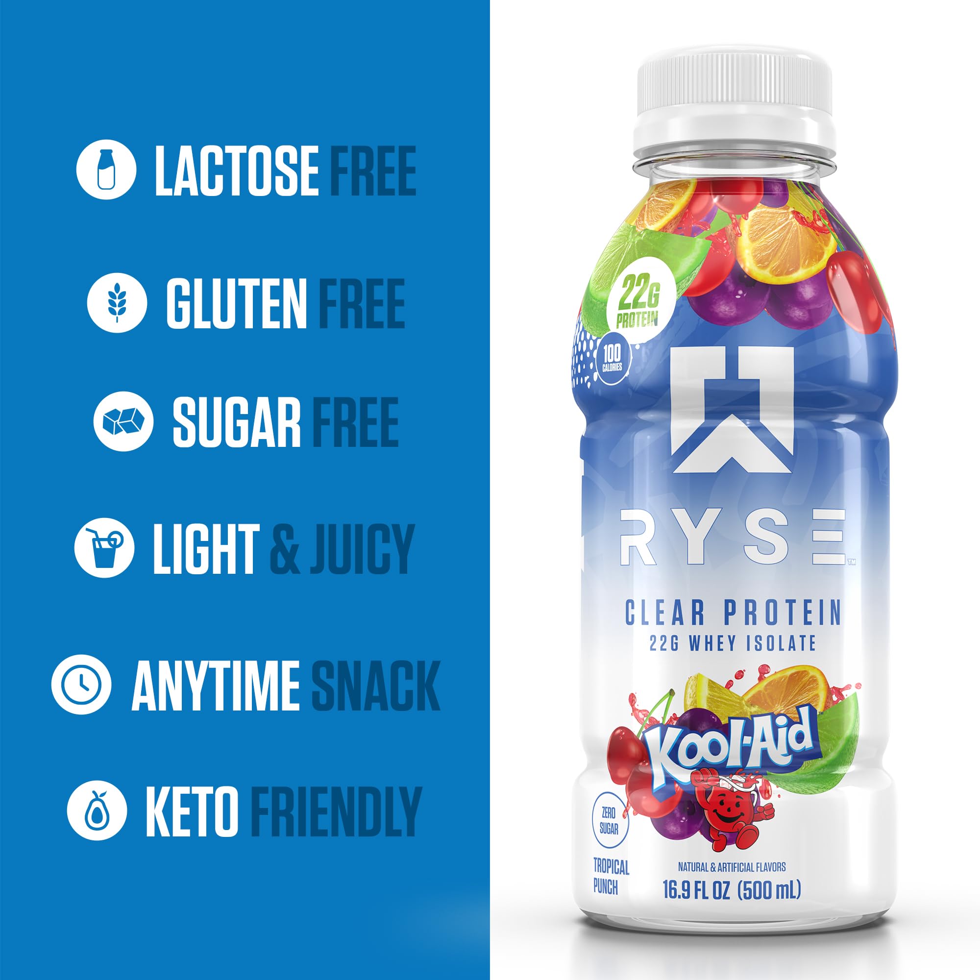 Close-up of bottle label highlighting 22g whey protein