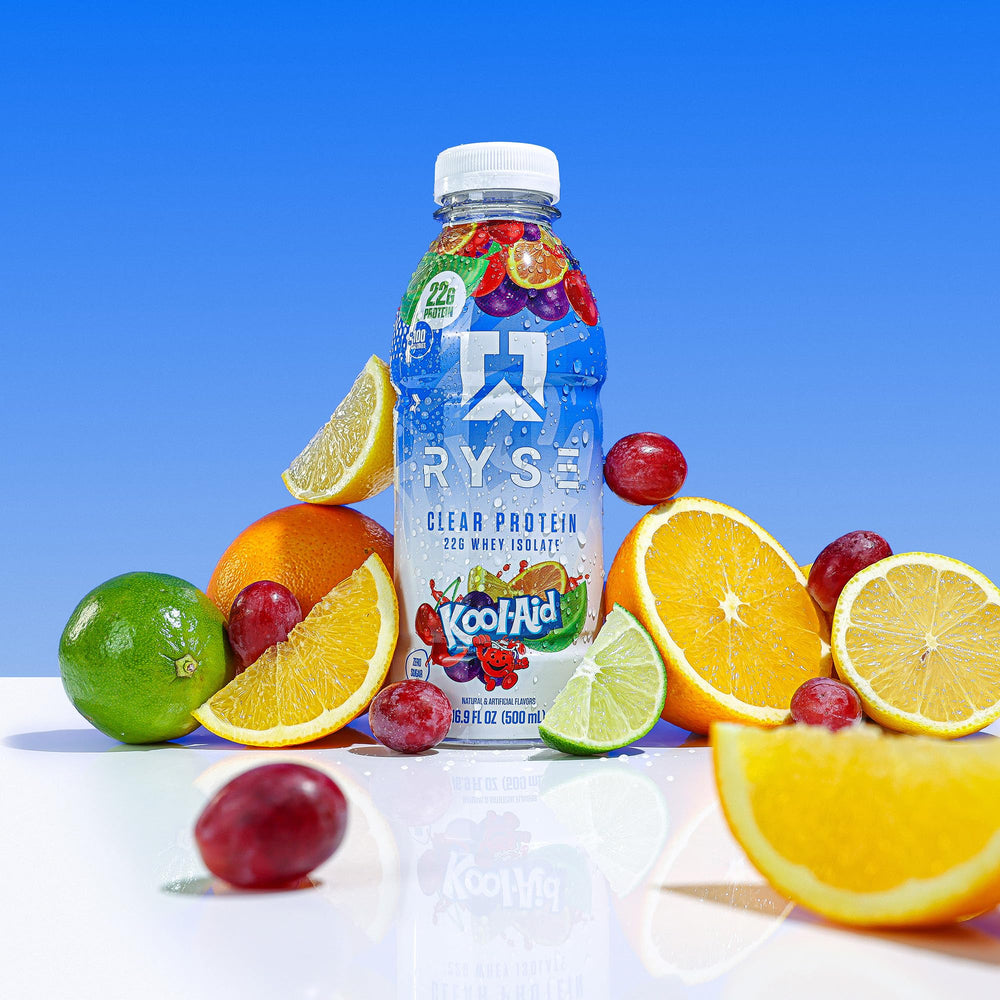 12-pack carton of RYSE Clear Protein Drink Kool-Aid Tropical Punch