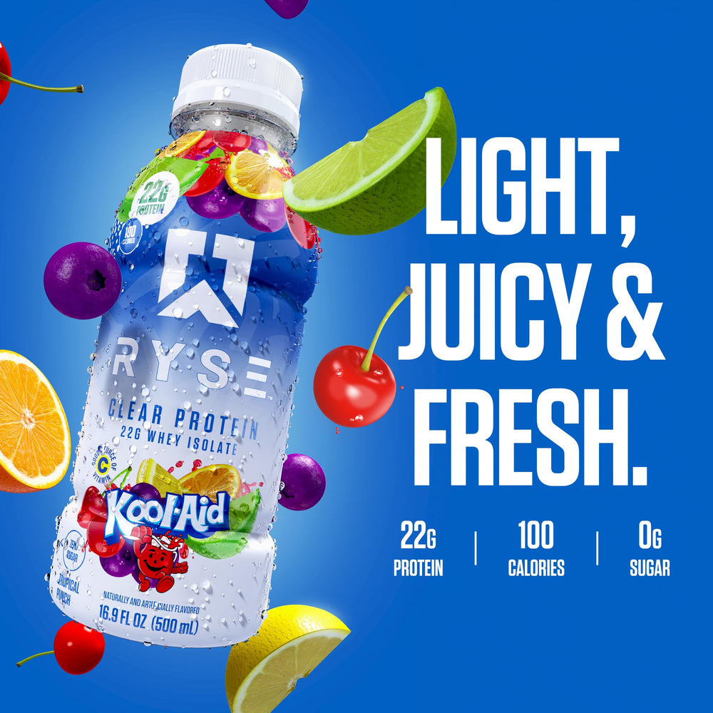 Two bottles poured into a glass showing clear, juice-like protein drink
