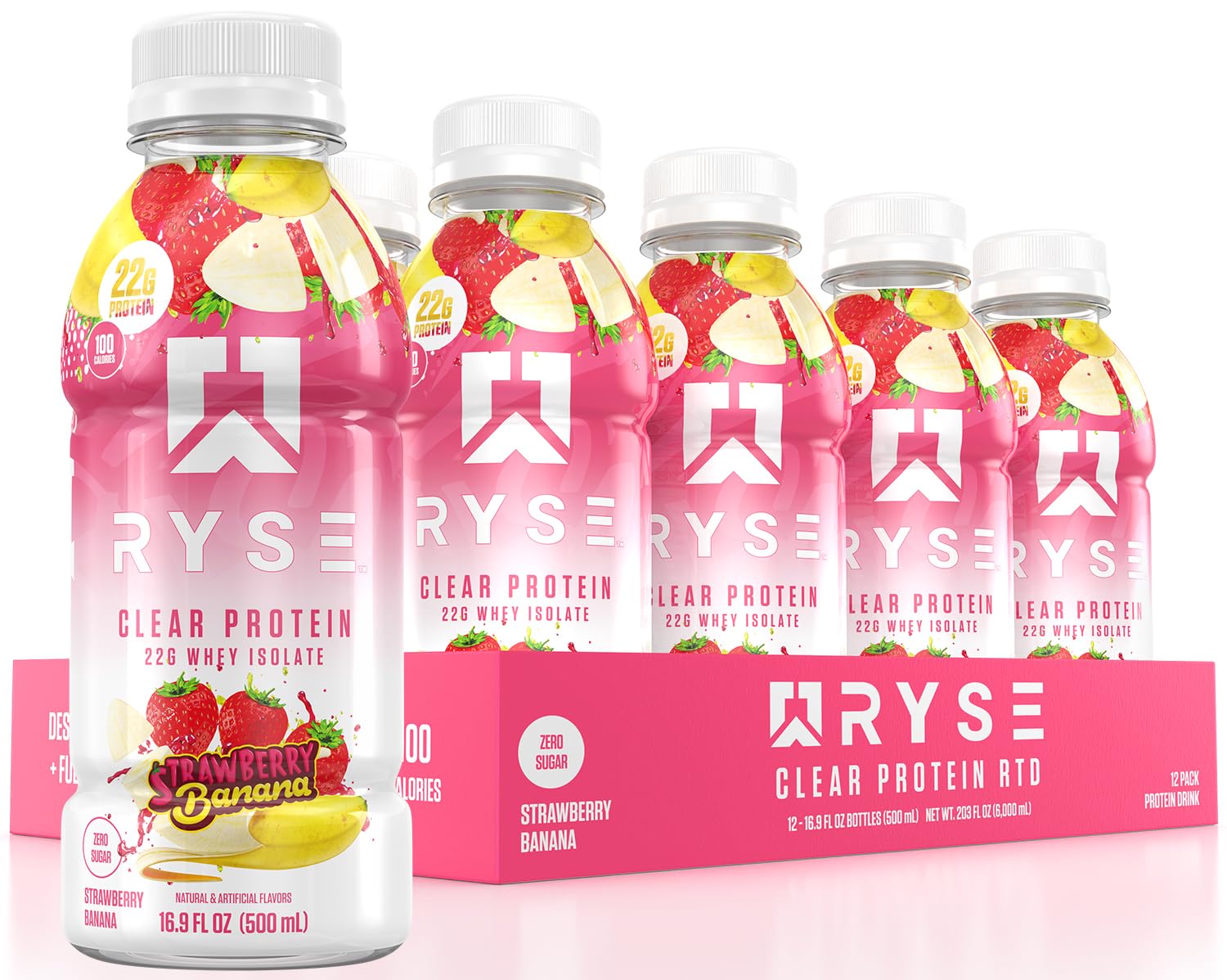 Front view of RYSE Clear Protein Drink Strawberry Banana bottle