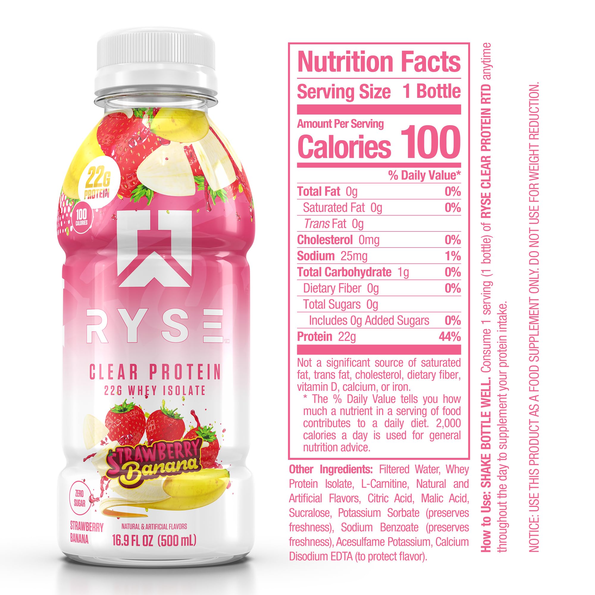 Side view of RYSE Clear Protein Drink Strawberry Banana bottle