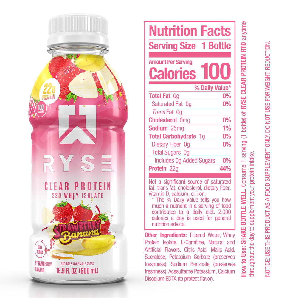 Side view of RYSE Clear Protein Drink Strawberry Banana bottle