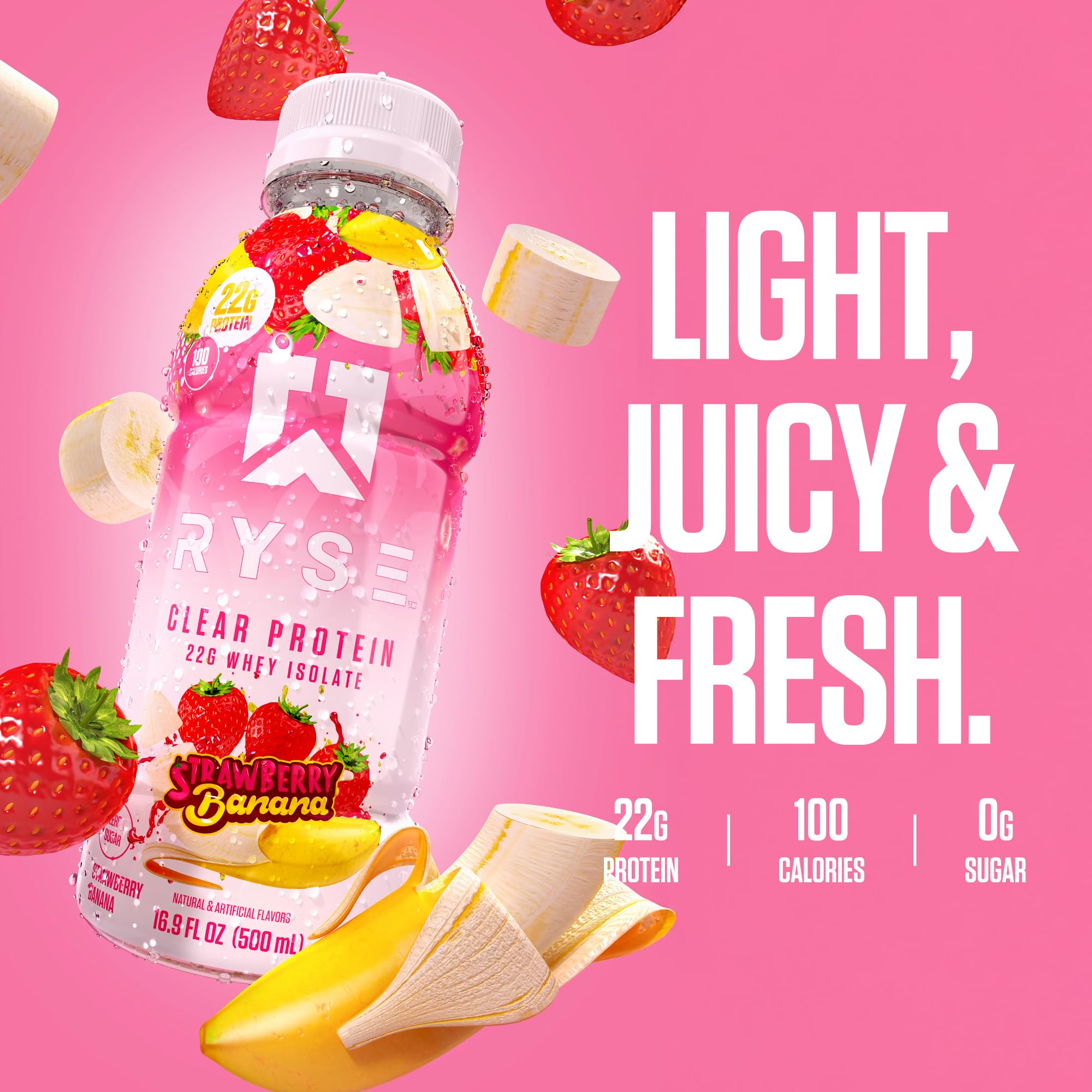 12-pack display with multiple RYSE Clear Protein Drink bottles