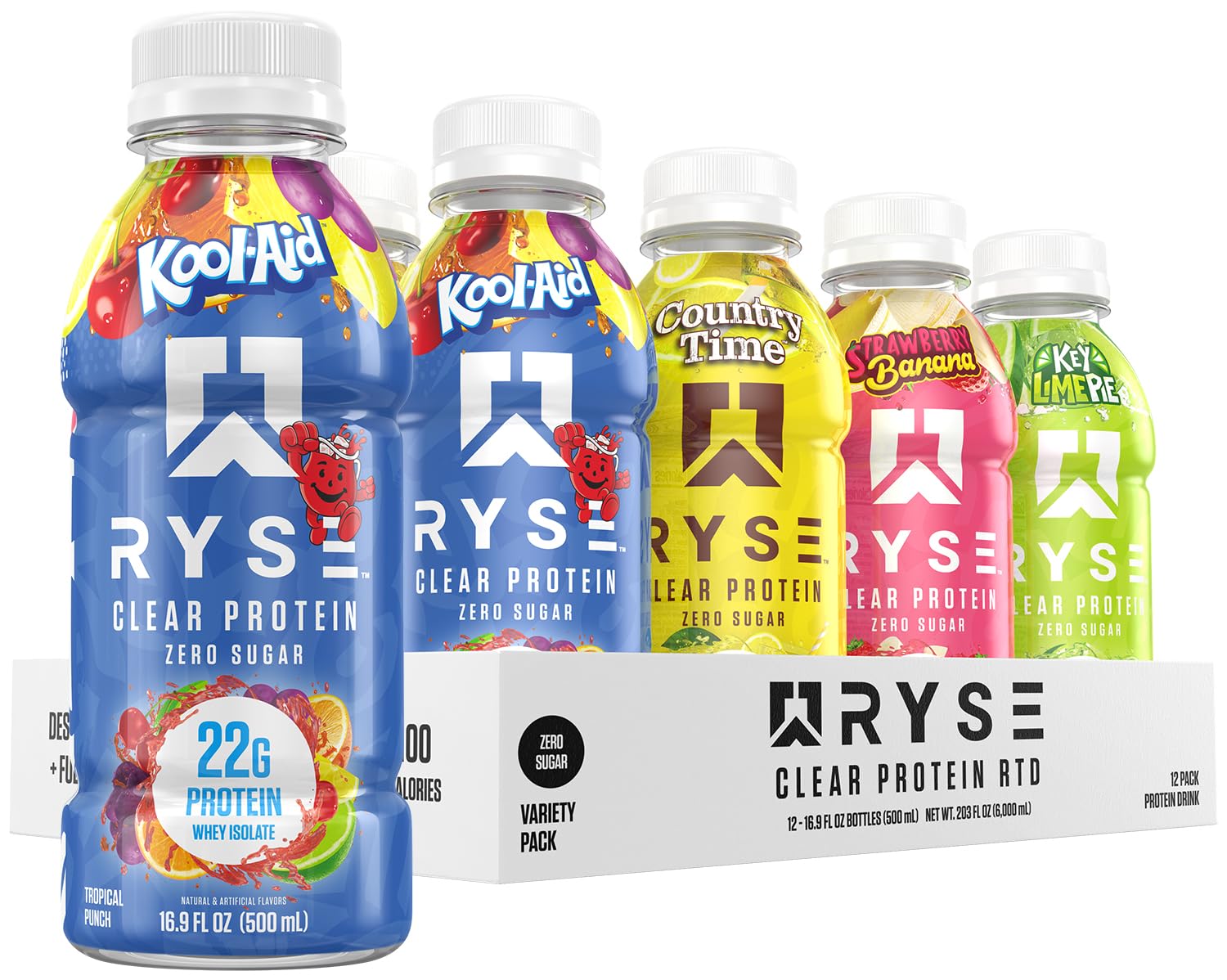 RYSE Clear Protein Drink Variety Pack front view with 12 bottles