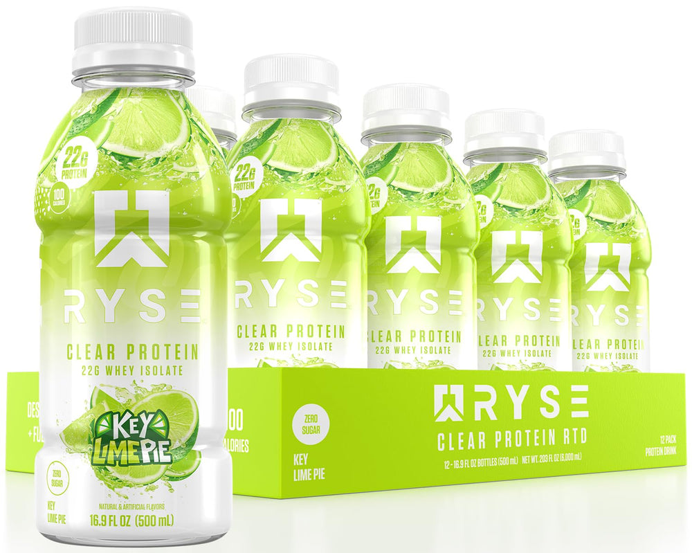 Front view of RYSE Clear Protein Drink Key Lime Pie bottle