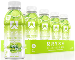 Front view of RYSE Clear Protein Drink Key Lime Pie bottle