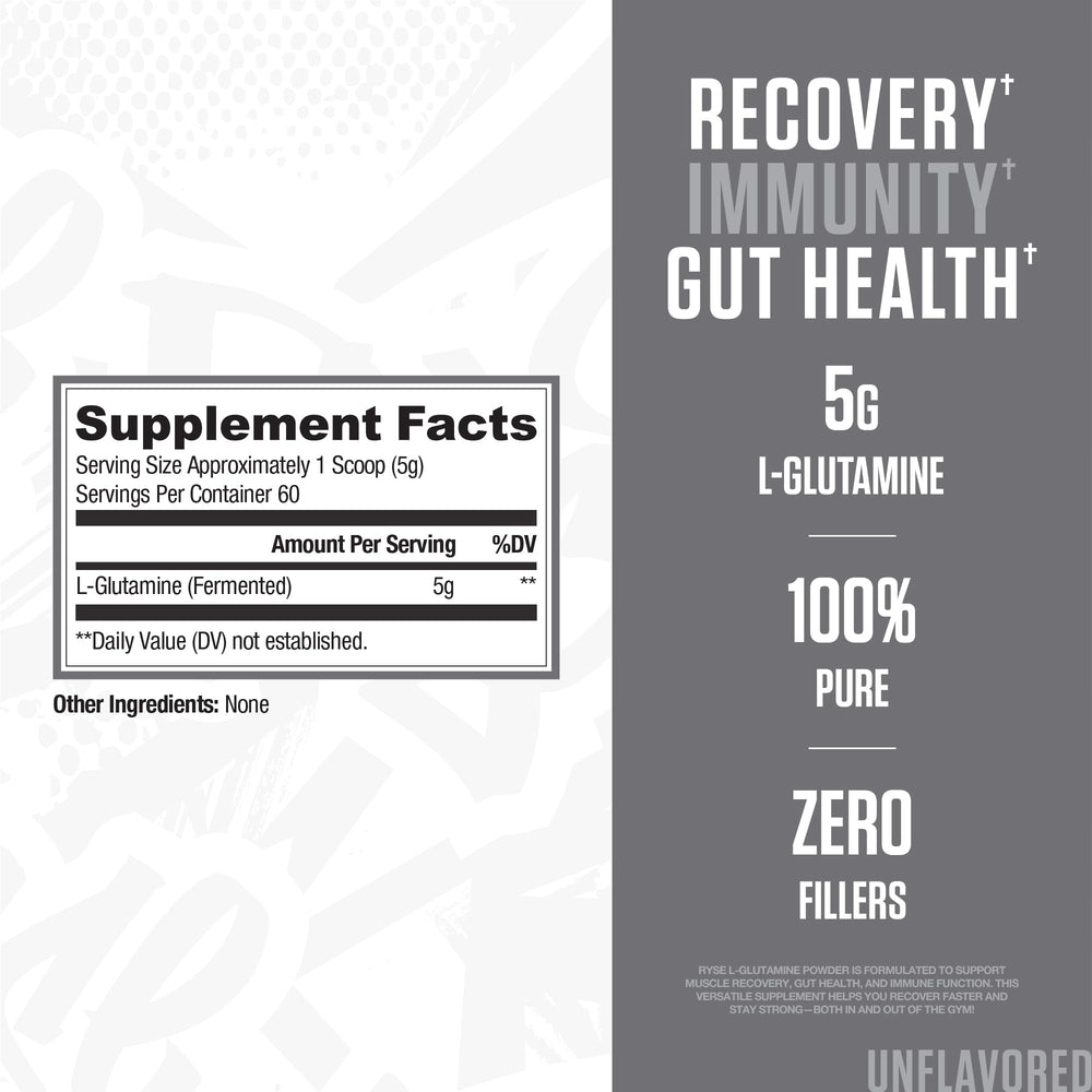 Close-up of L-Glutamine powder with scoop