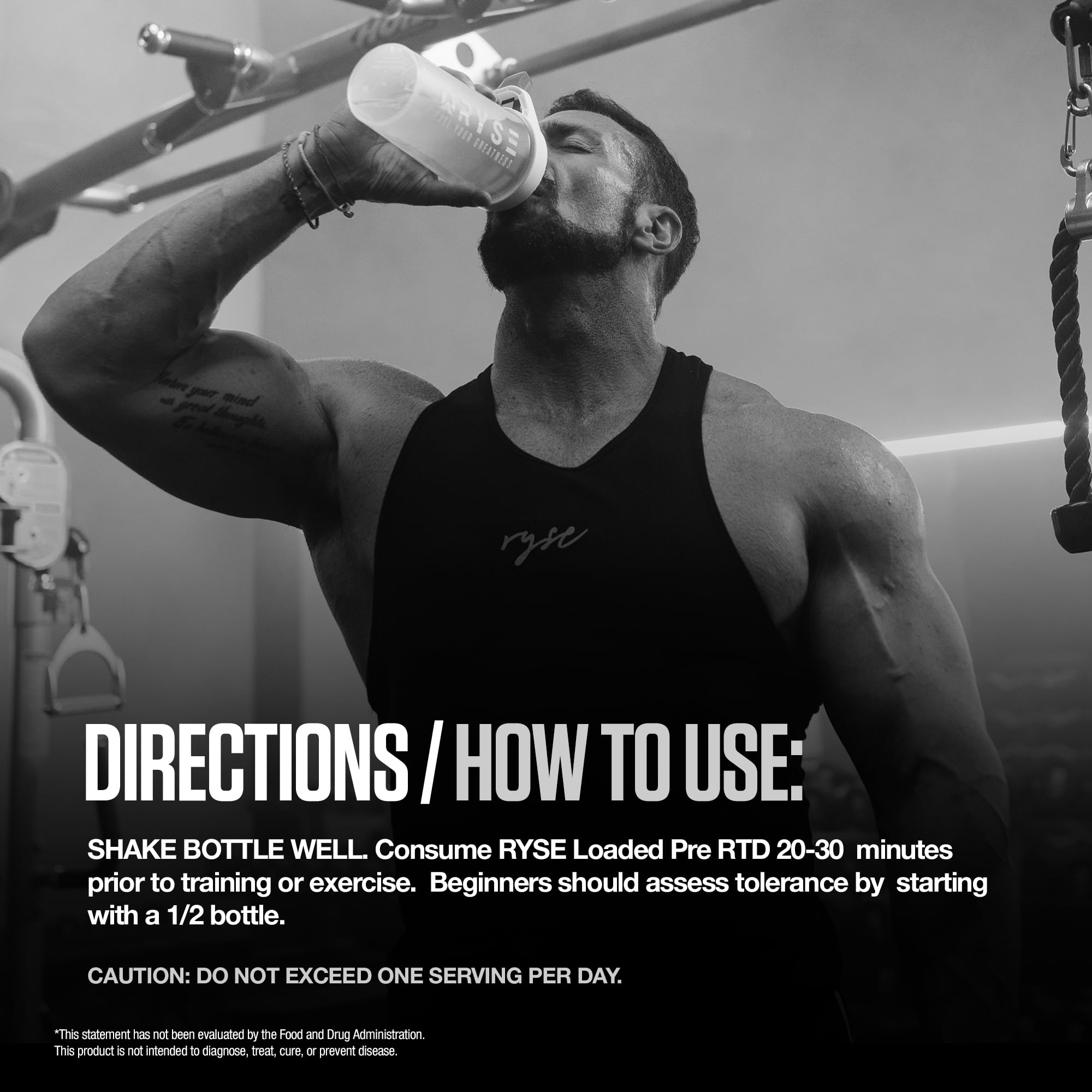 RYSE Loaded Pink Splash action shot highlights 325 mg caffeine aiding focus and pace
