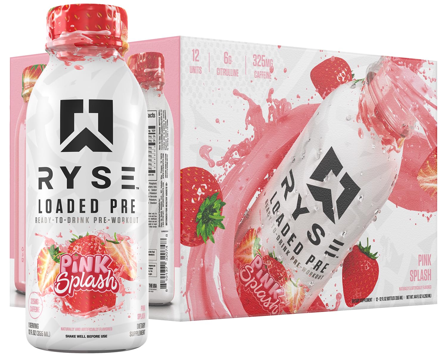 RYSE Loaded Pink Splash bottle—bold energy booster with zero sugar for workouts