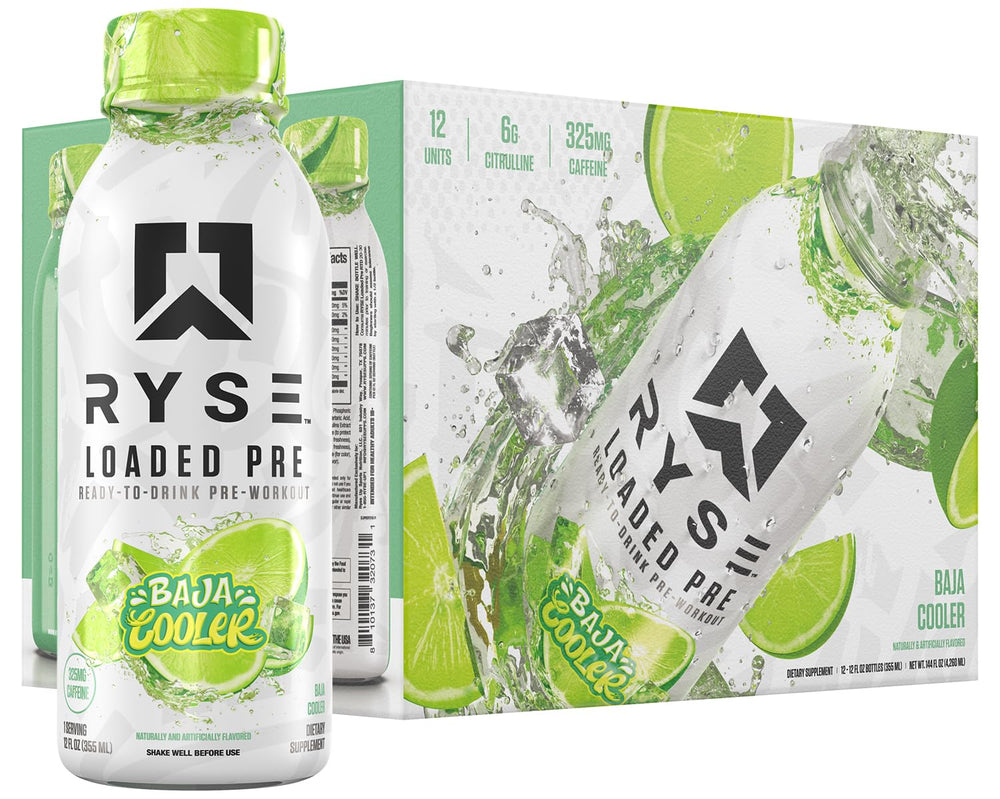RYSE Loaded Pre-Workout bottle pour demonstrates convenient ready-to-drink energy for workouts.