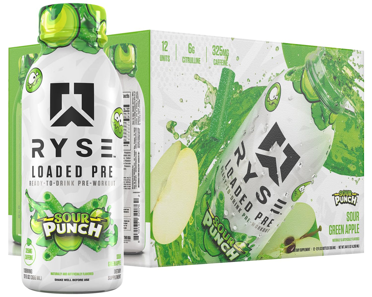 RYSE Loaded Pre Workout Sour Punch Green Apple bottle front for focused training energy.